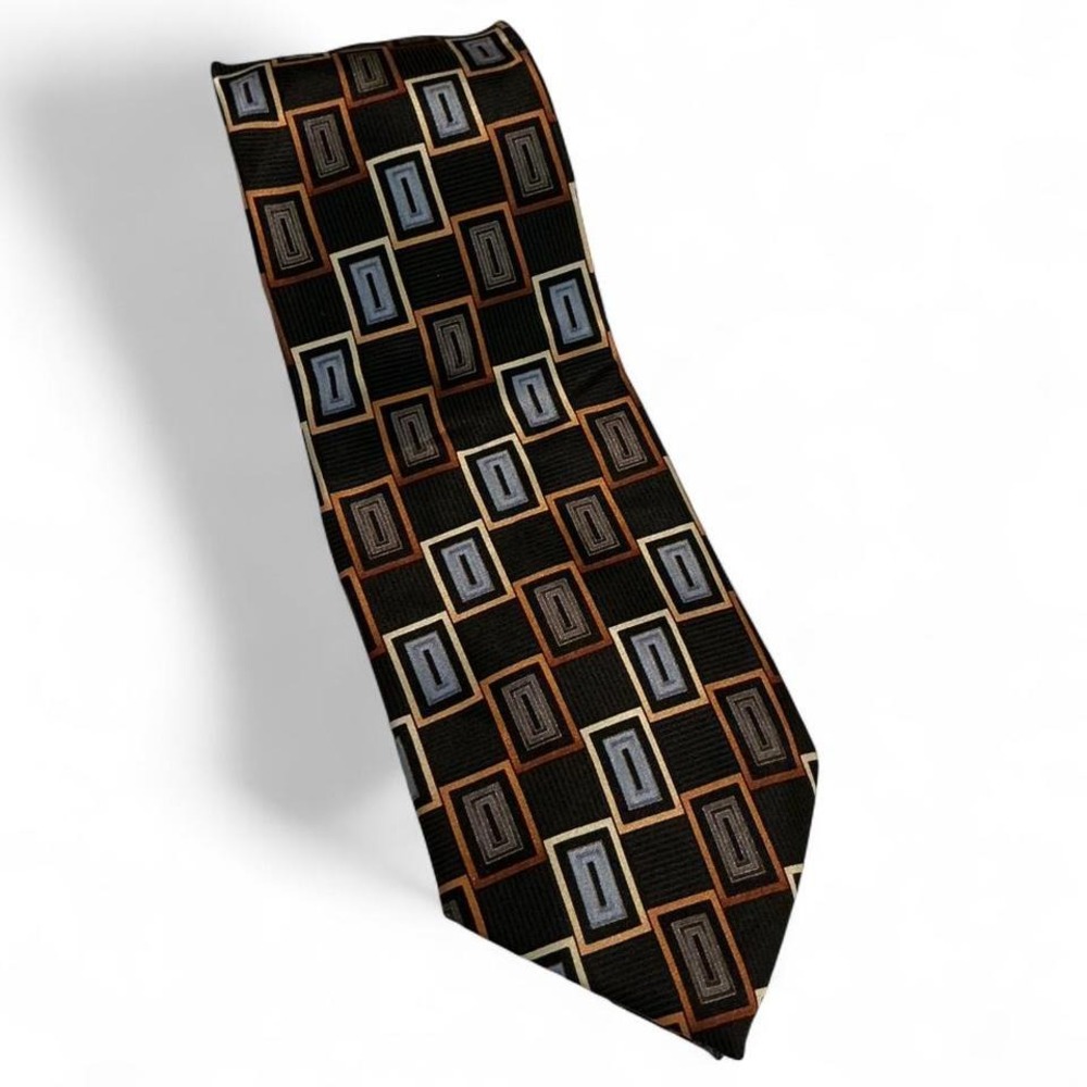 Haggar necktie in 100% silk‎ in black featuring multi-colored geometric pattern.